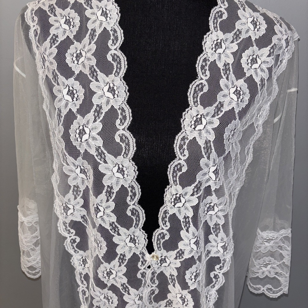 Vintage Sears Long White Lace Robe Sheer Nylon Romantic Wedding USA Made Size M - Picture 2 of 10